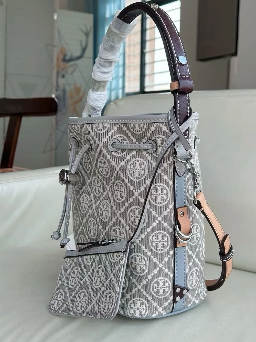 Tory Burch Light Gray Logo Drawstring Hobo Bag